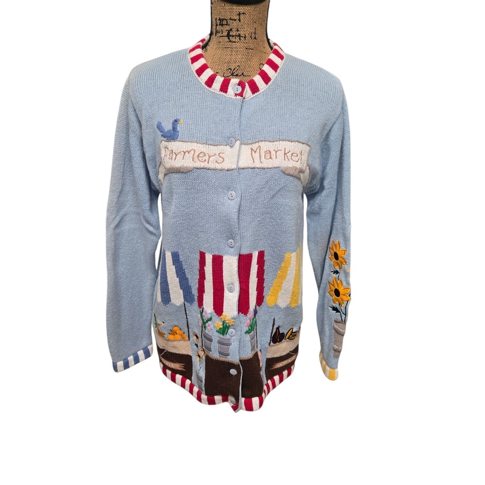 The Quacker Factory Cardigan Farmers Market Embroidered Blue Size S Grandmacore